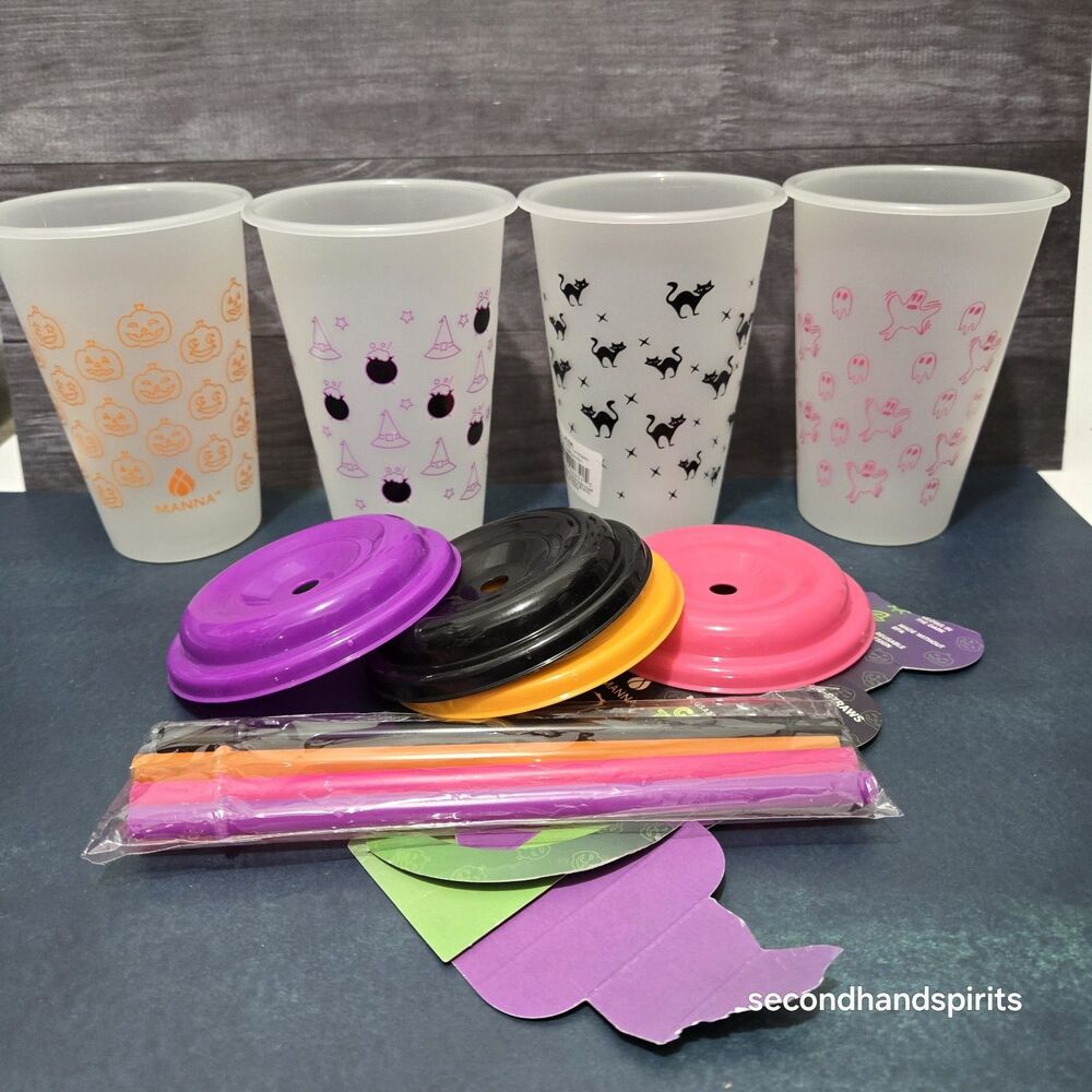 Manna Halloween Reusable Glow In The Dark Tumblers w Straws + Lids - Set of 4